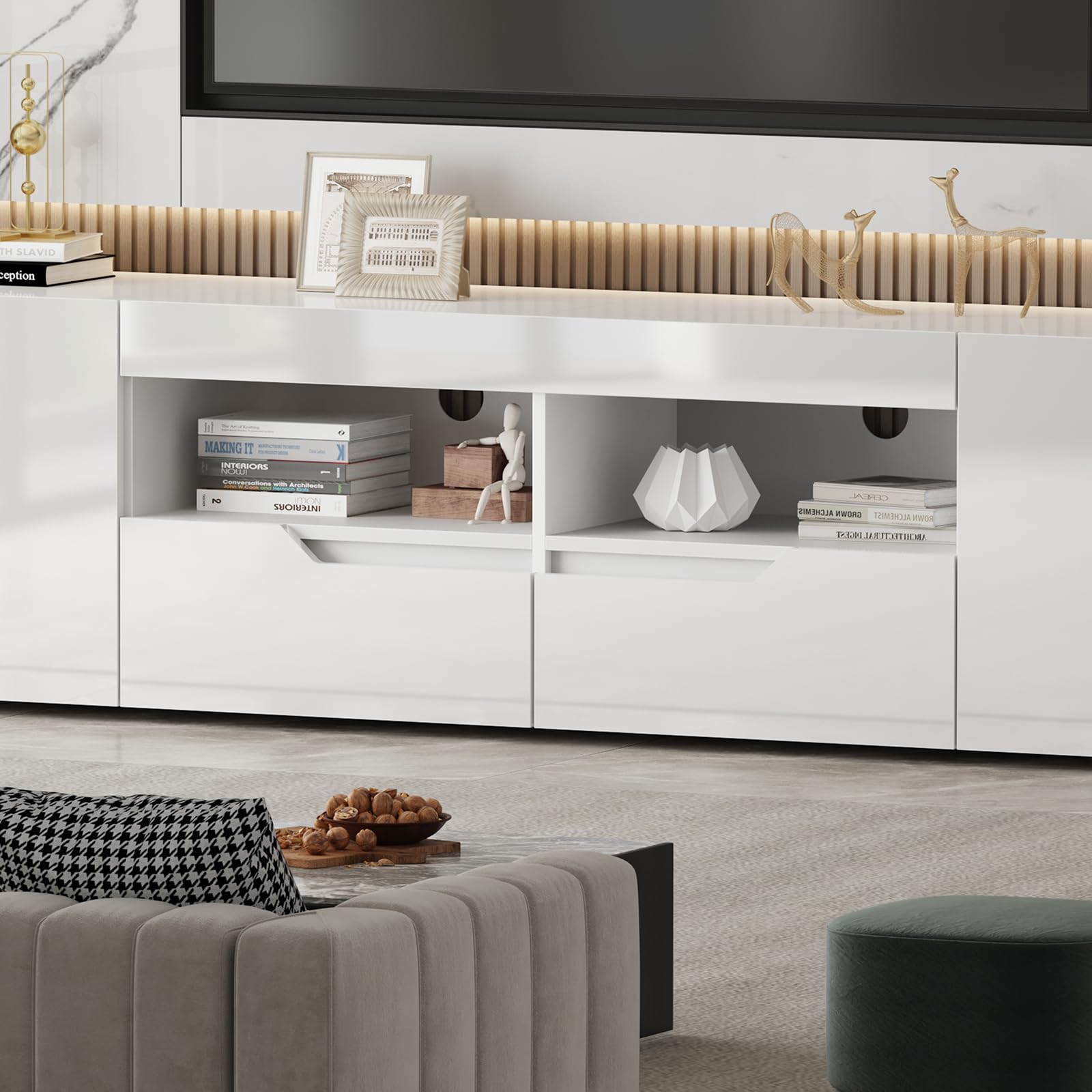 Hochglanz TV-Schrank, TV Lowboard mit Doppel-Schublade und 16 LED Farben Beleuchtung, Fernsehtisch für 65–85 Zoll Fernseher, Griffloses TV Möbel Schränken Für Wohnzimmer Schlafzimmer (Weiß)