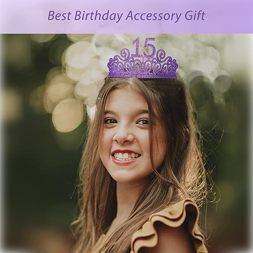 Miniatura 5 de MEANT2TOBE Banda y tiara de cumpleaños número 15 para niñas, juego fabuloso banda con purpurina + tiara de metal de alta calidad púrpura con