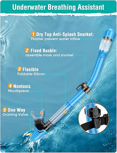 Vista 4 de Set de esnórquel para adultos, equipo de esnórquel con máscara de natación panorámica antiempañamiento, tubo de esnórquel con parte superior seca