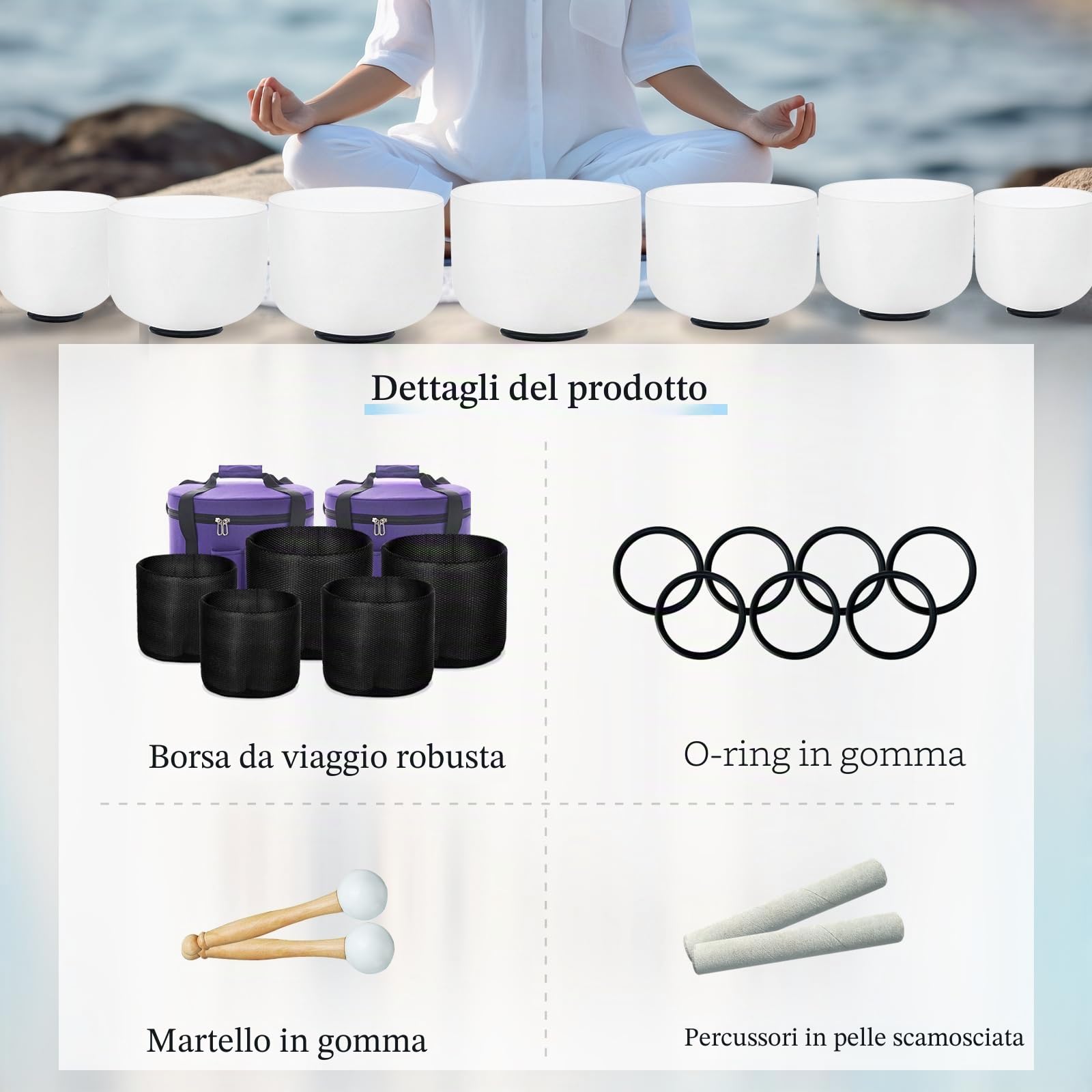 Hye-eun Set di campane tibetane in cristallo, 432 Hz, 15,2-30,5 cm, bianco, 7 pezzi, per yoga, meditazione, terapia del suono, con borsa per il trasporto
