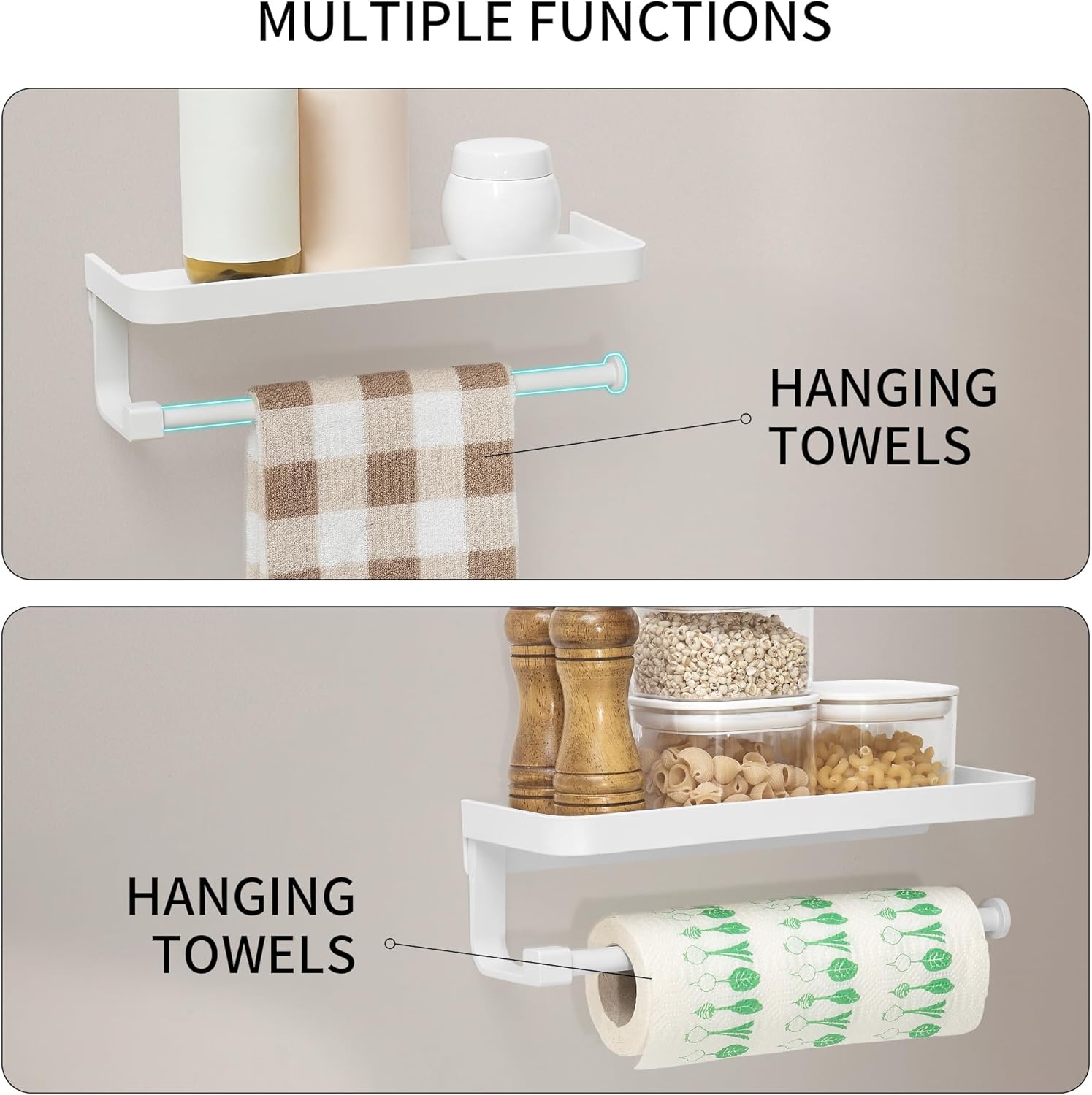 LEQ Hand Towel Holder for Bathroom -Paper Towel Holder Wall Mount - for Bathroom Black Paper Towel Holder with Shelf -Kitchen Towel Holder (White, 12.8in)