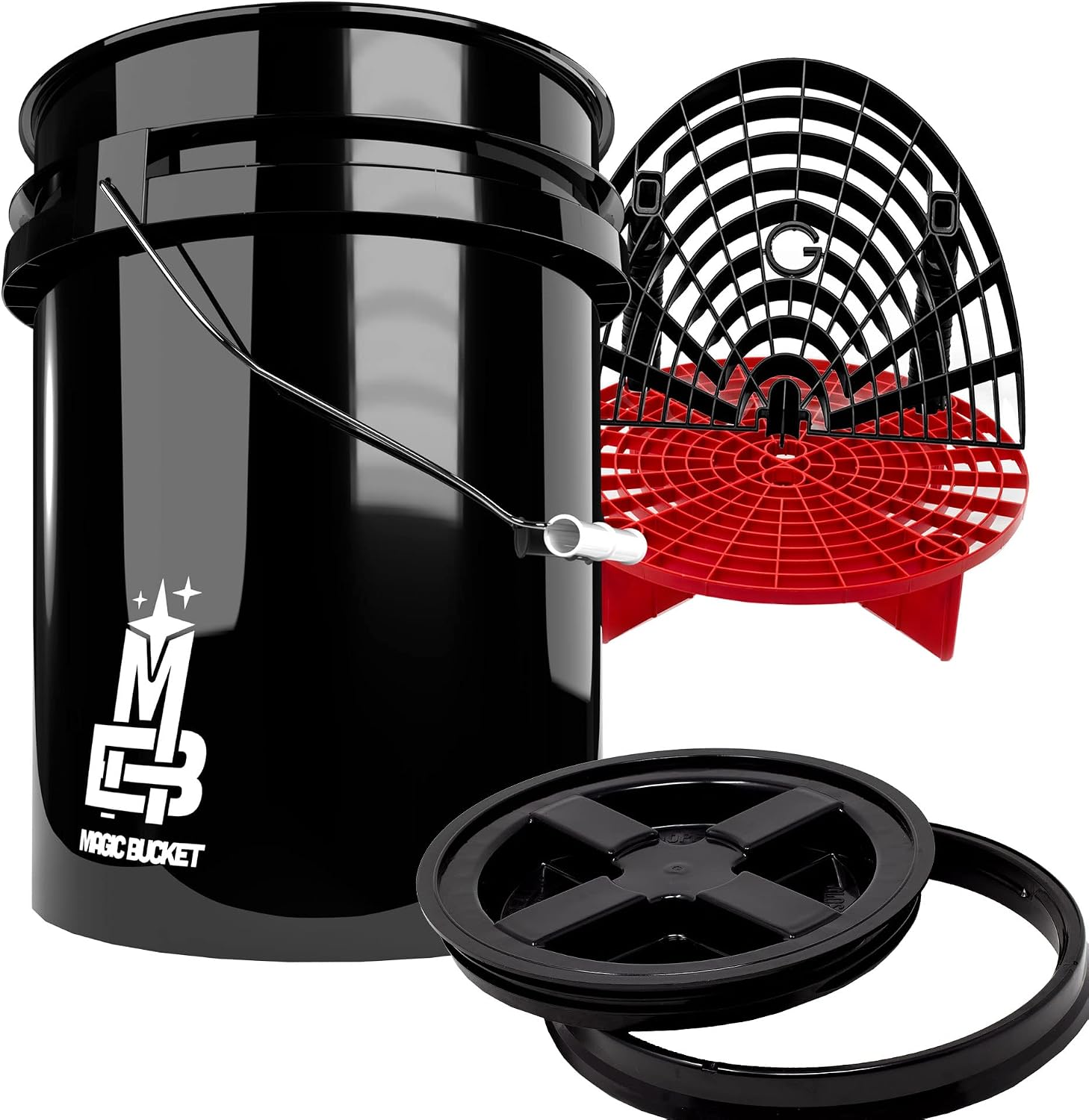 Detailmate Professional Wash Bucket Set Magic Bucket Wash Bucket 5 GAL approx. 20 Litres Gamma Seal Bucket Lid Black GritGuard Dirt Insert Red GritGuard Washboard Black