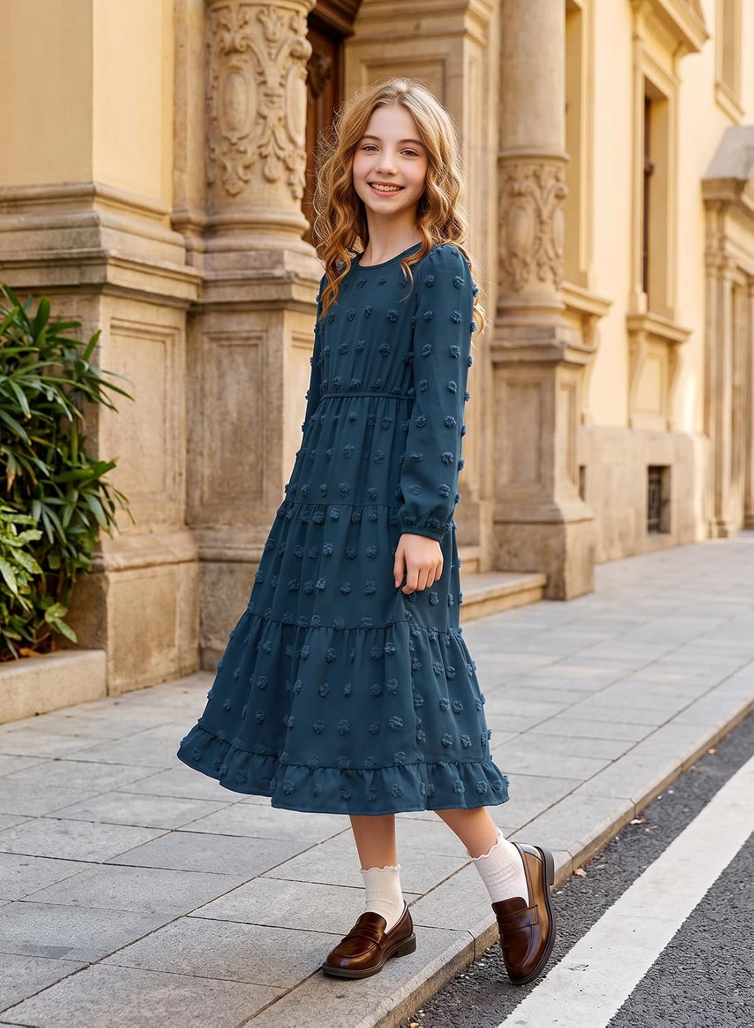blibean Girls Long Sleeve Dresses Polka Dot Maxi Dress Size 6-15 Years