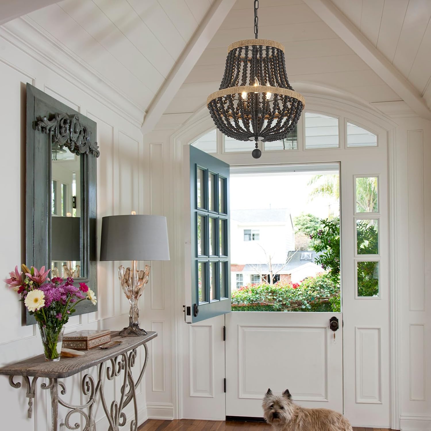 3-Light Boho Chandelier Farmhouse, Wood Bead Pendant Light, Black Rustic Hanging Light Fixture for Kitchen Entryway Bedroom Nursery Dining Room Foyer
