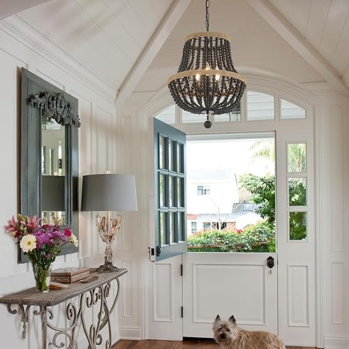 Miniatura 8 de VANZARLA Lámpara de araña bohemia de 3 luces para casa de campo, lámpara colgante bohemia con detalles de cuentas de madera, lámpara colgante