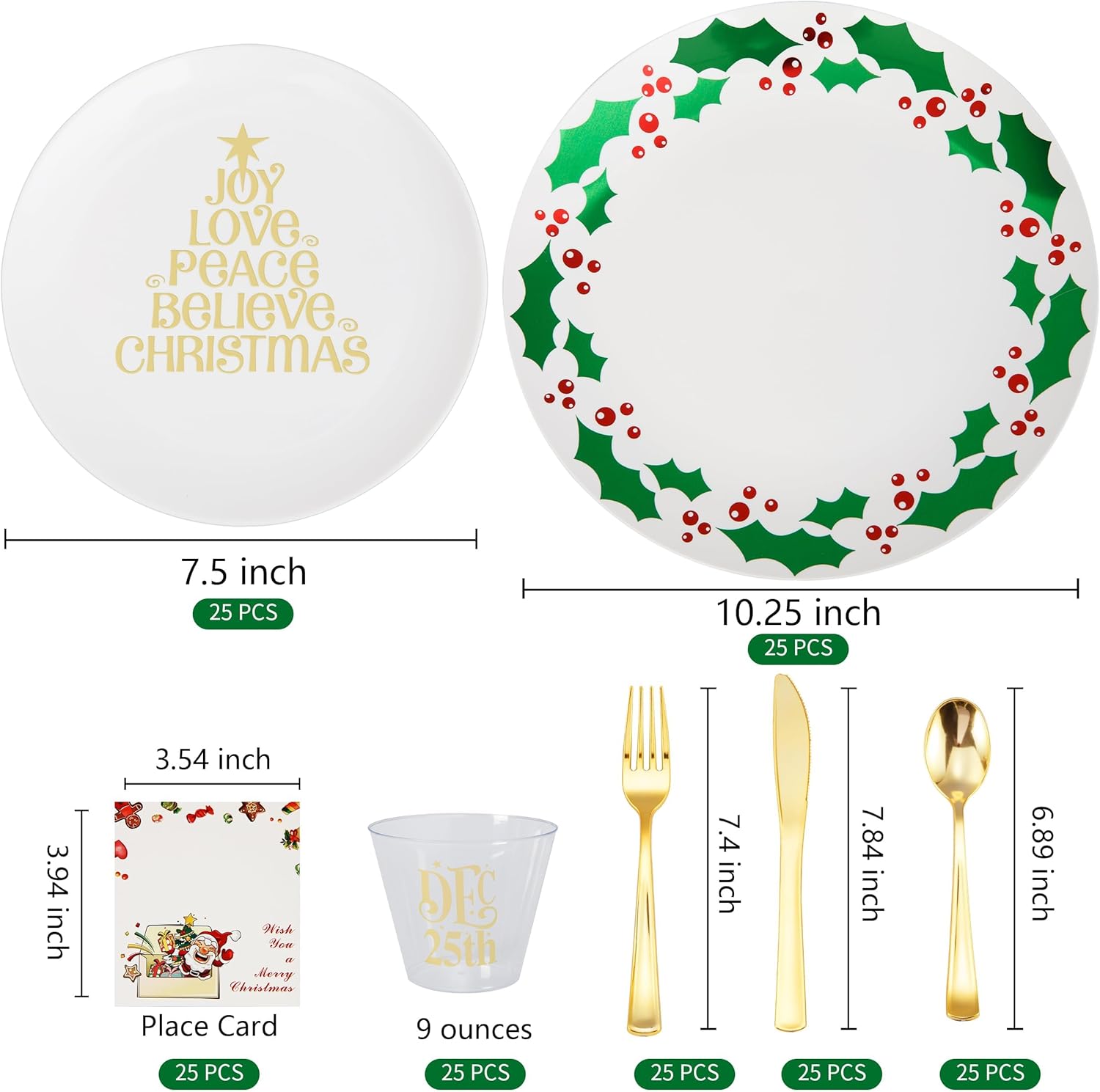 175pcs Christmas Dinnerware Set for 25 Guests, 25 10.25" Green Plastic Dinner Plates with Holly, 25 7.5" Dessert Plate Christmas Tree, 75 Silverware Set, 25 Cups and Place Cards