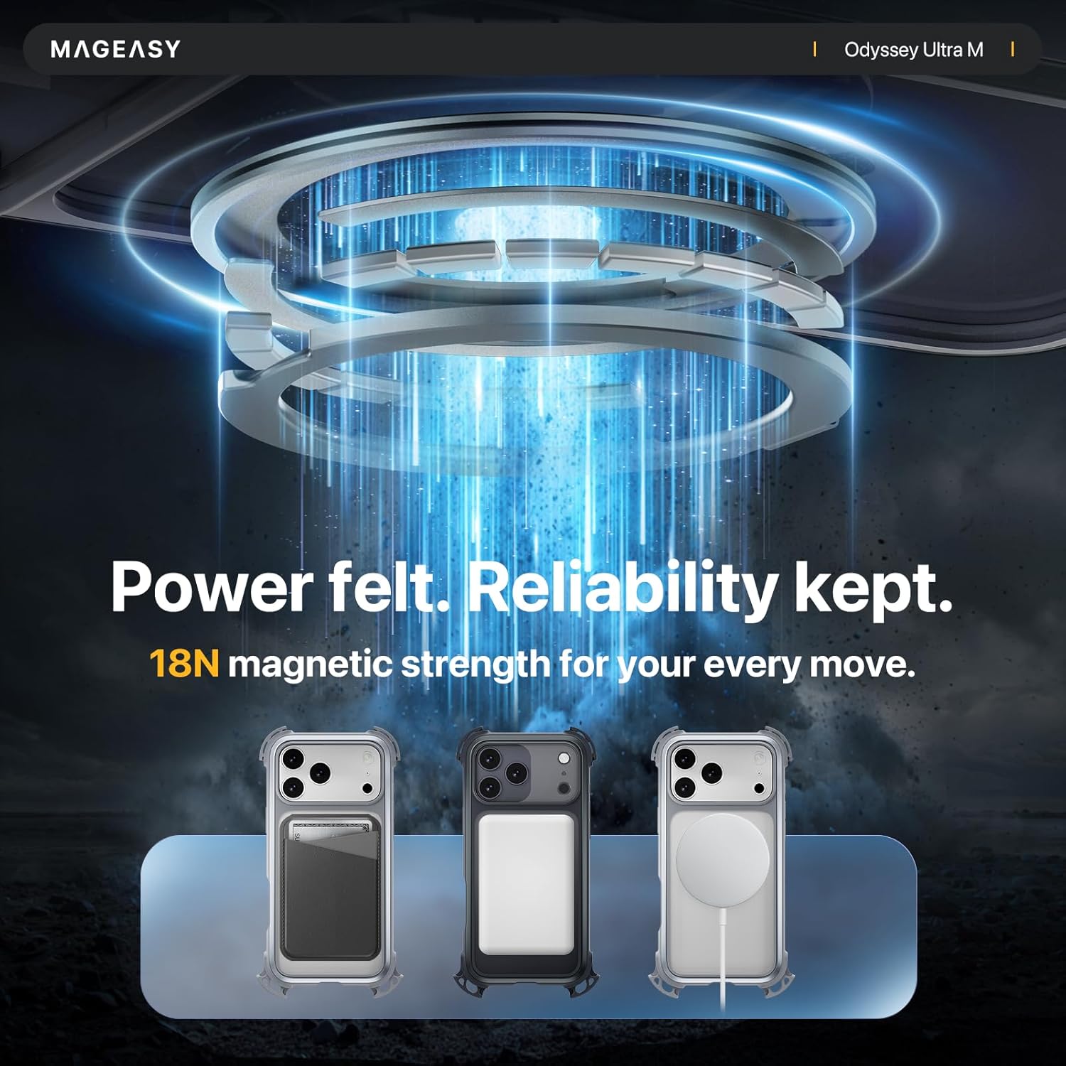 MAGEASY Compatible with iPhone 17 Pro Max 6.9" Case with 360° Stand - 25ft Ultimate Drop Protection, Work with MagSafe, Crossbody Utility Strap, Aluminum Frame | Odyssey Ultra M (Mist)