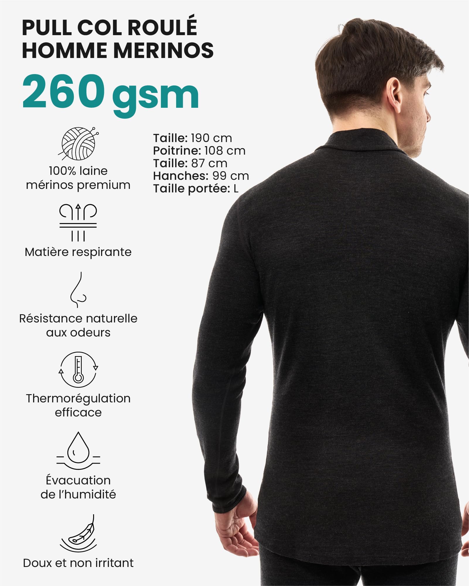 Merino.tech 100% Pull Col Roulé Homme Laine Merinos - Haut Thermique Homme
