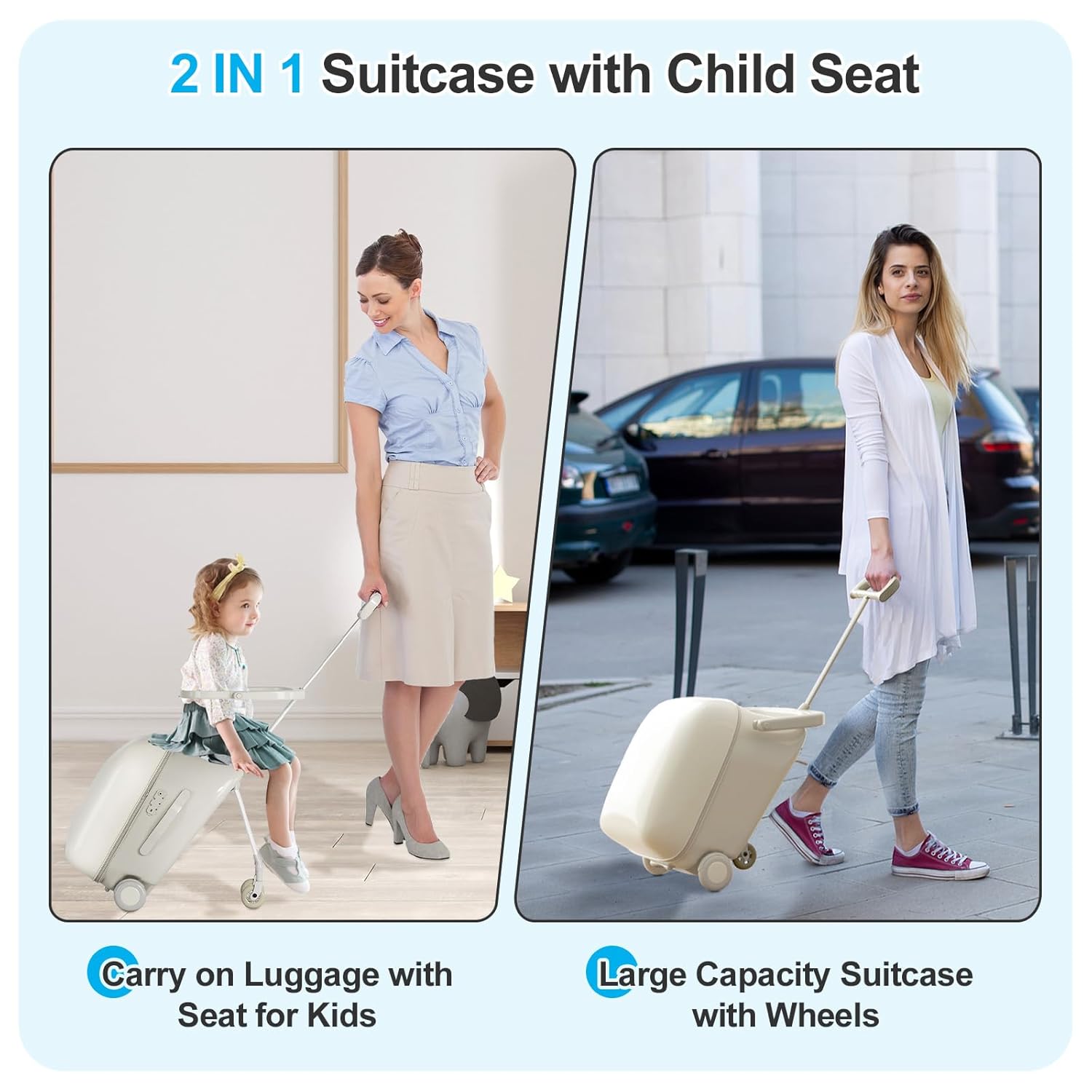 TABU 2-in-1 Ride-On Suitcase for Kids, Carry-On Luggage with Detachable Seat with Spinner Wheels, Lightweight & Large Capacity, Safety Belt, Luggage Doubles as Stroller for Travel, Beige White