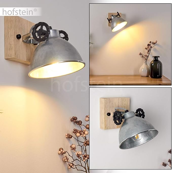 hofstein Wandlamp Svanfolk, wandlamp van metaal en hout in zilver/bruin, 1-lamp, met verstelbare spot, 1 x E14 fitting, retro/vintage design, zonder gloeilampen photo 2