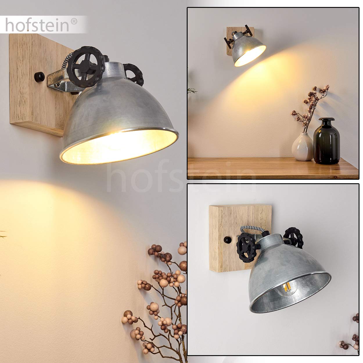 Lampada da parete Svanfolk, lampada da parete in metallo e legno in argento/marrone, 1 luce, con faretto regolabile, 1 attacco E14, design retro/vintage, senza lampadina/e