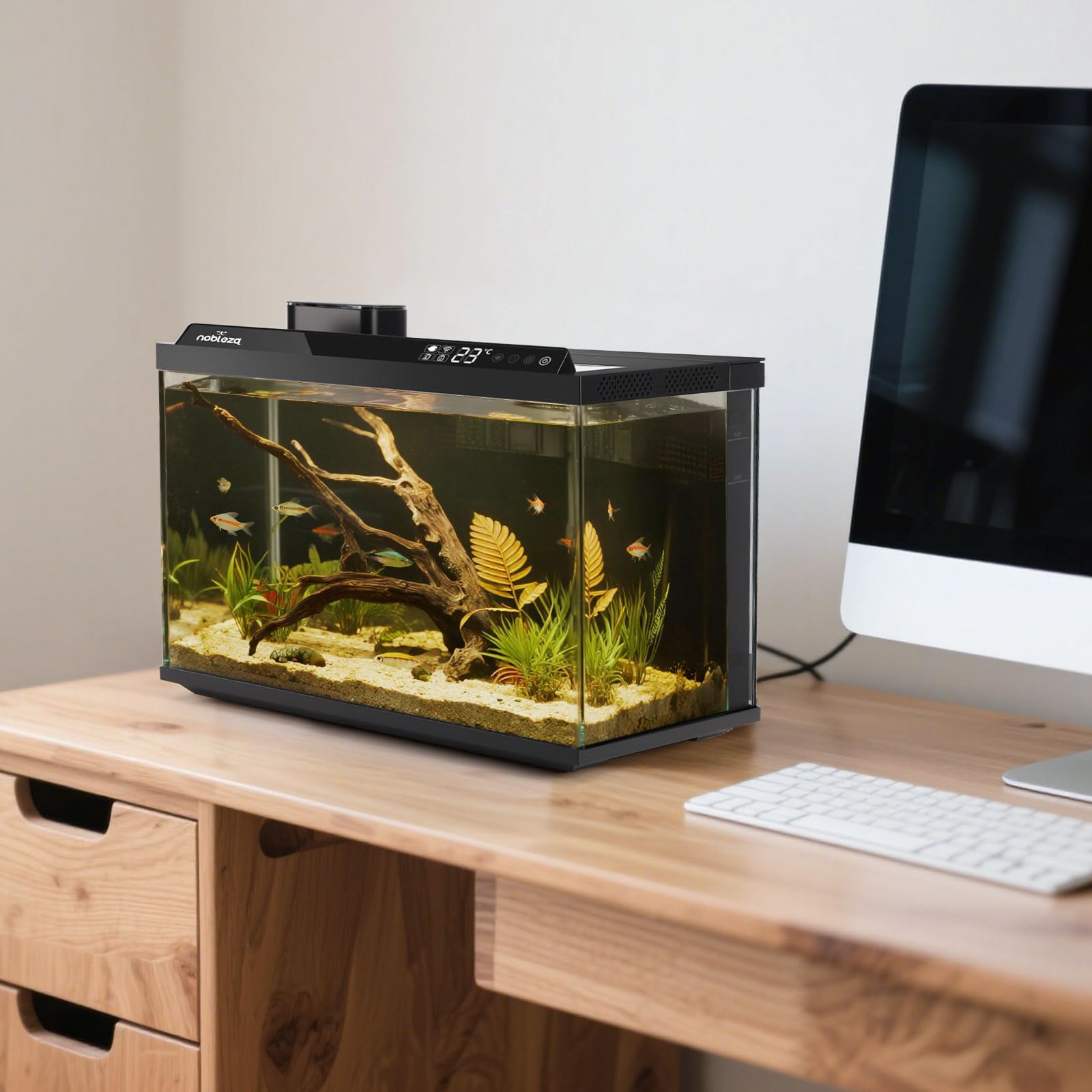 Nobleza Acuario Inteligente 30L - Control por App - Pecera Inteligente con Triple Filtración, Alimentación Remota, Drenaje Automático en 1 Toque - Color Negro