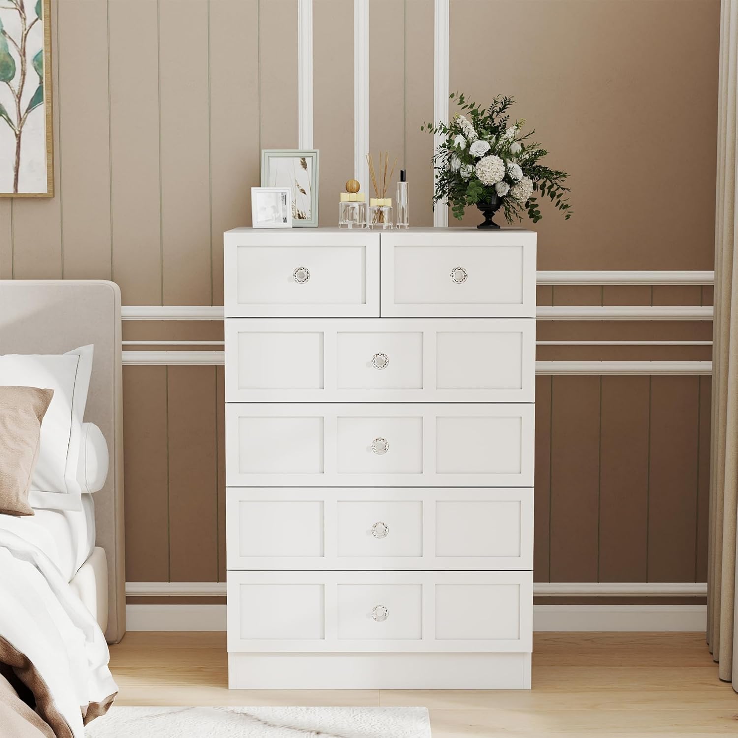 Modern Dressers for Bedroom: White Dresser 24" Wide, Wood Fluted 6 Drawer Dressers Storage Cupboard, Chest of Drawers for Living Room with Silver Handles