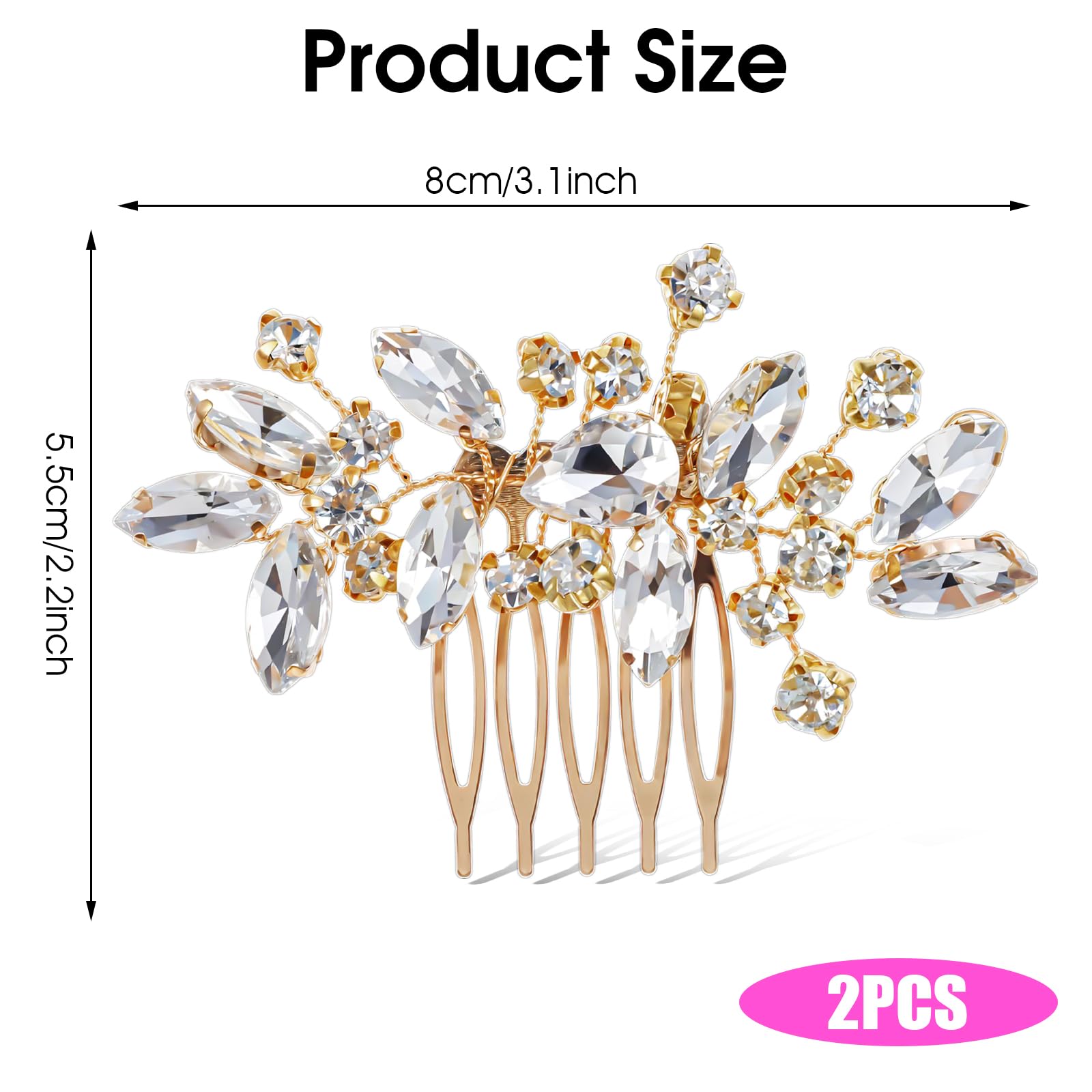 2Pcs Bridal Wedding Hair Comb Gold Rhinestone Hair Piece Sparkle Metal Crystal Hair Accessories for Bride Bridesmaids Women Girls - Image 2
