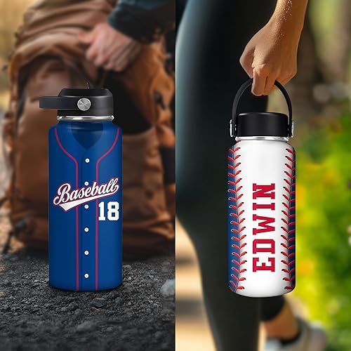 Vista 6 de Hyturtle Botella de agua de béisbol personalizada, botella de acero inoxidable aislada de viaje con tapa a prueba de fugas, 18 onzas, 32 onzas