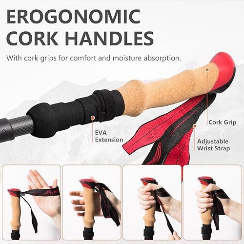 Miniatura 4 de BISINNA Bastones de senderismo de fibra de carbono plegables, bastones ligeros con mango de corcho, cierre rápido para mujeres y hombres, 2 unidades