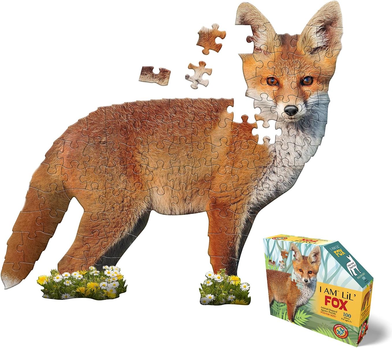 Madd Capp LiL' FOX 100 Piece Jigsaw Puzzle For Ages 5+ - 4001 - Unique Animal-Shaped Border, Poster Size when completed, Puzzle Pieces Are Oversized For Easy Handling, Includes Educational Fun Facts