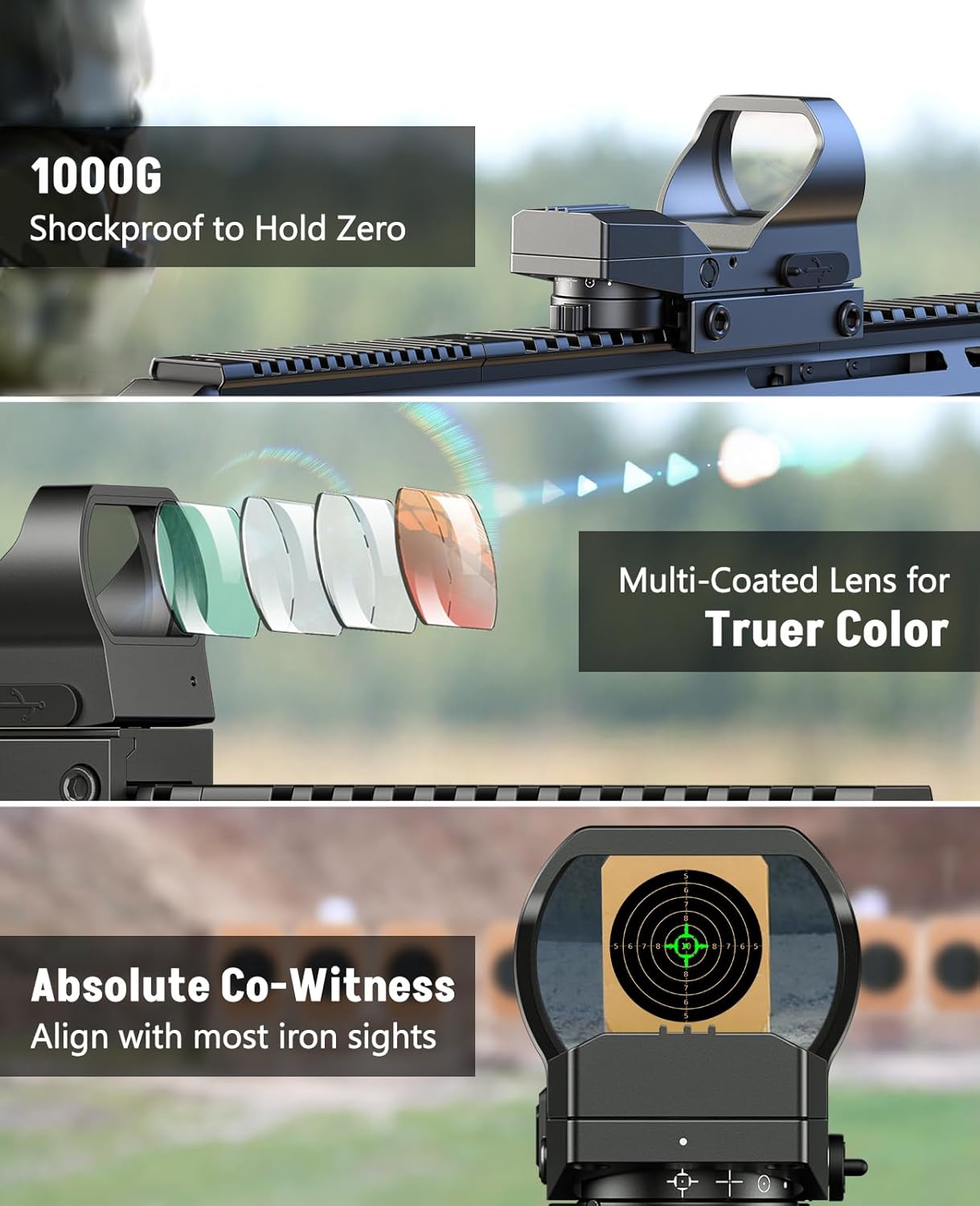 MidTen Rechargeable Motion Awake Green & Red Dot Sight, 4 Adjustable Reticles Reflex Sight Scope Paintball Optic for 20mm Picatinny Mount, Absolute Co-Witness