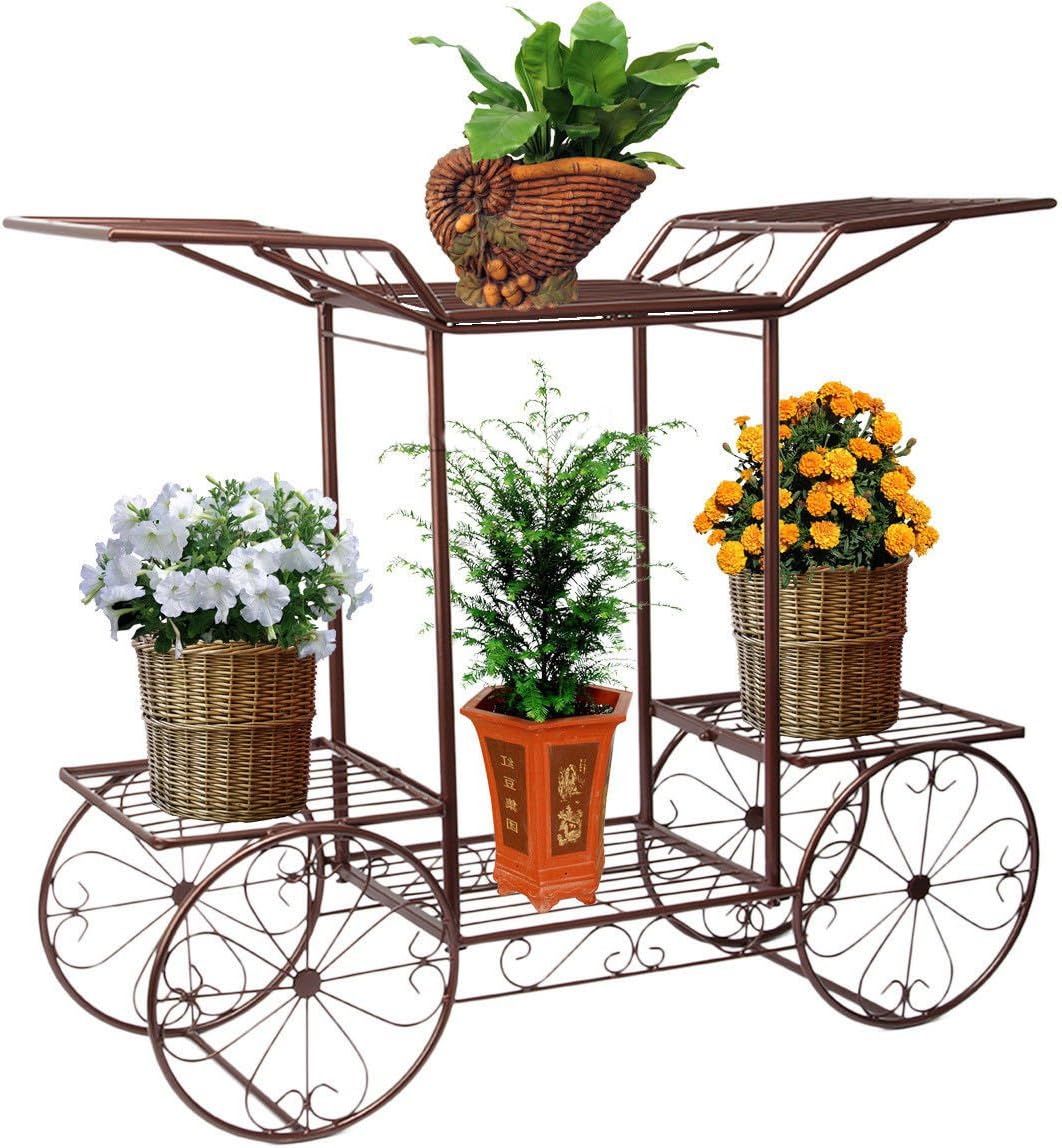 Brown, 4-Wheeler Metal Flower Rack Display Plant Stand with 6 Pots Holder Home&Garden