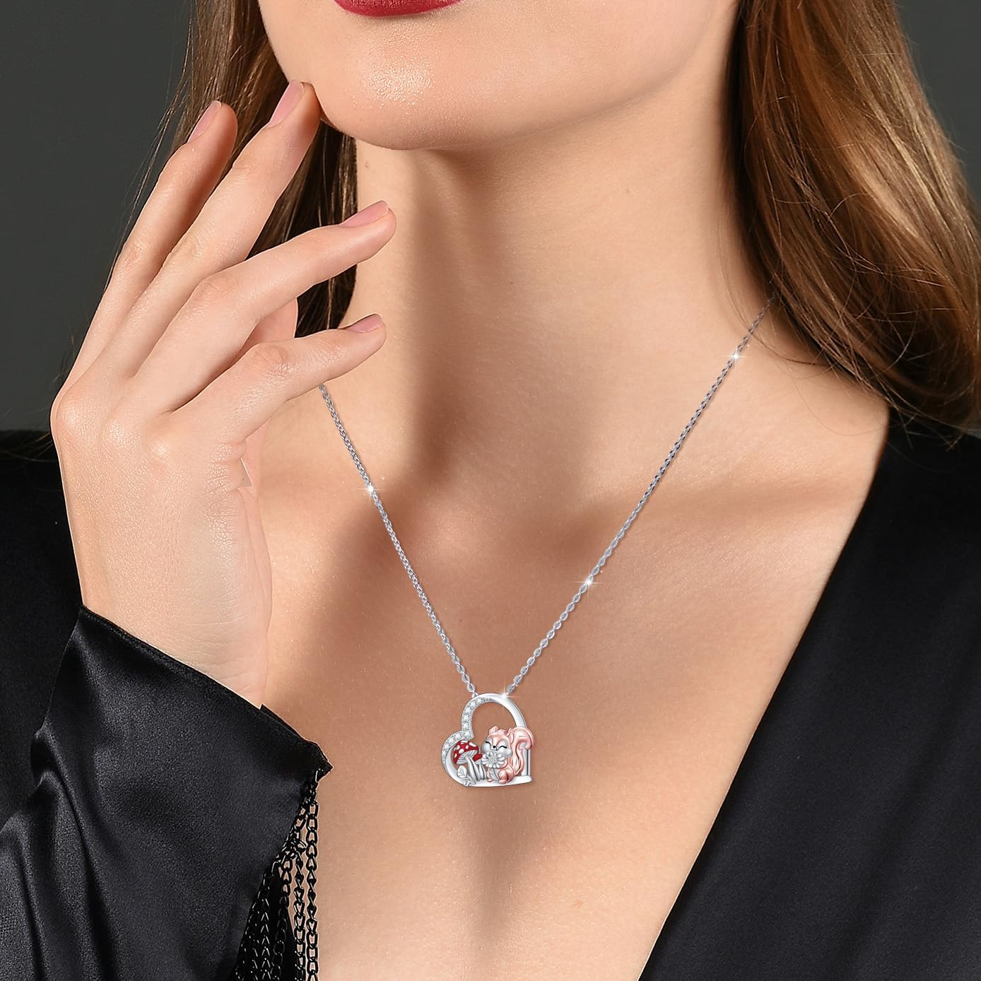 DAOCHONG S925 Sterling Silver Squirrel Mushroom Heart Pendant Necklace for Women Gift Jewelry