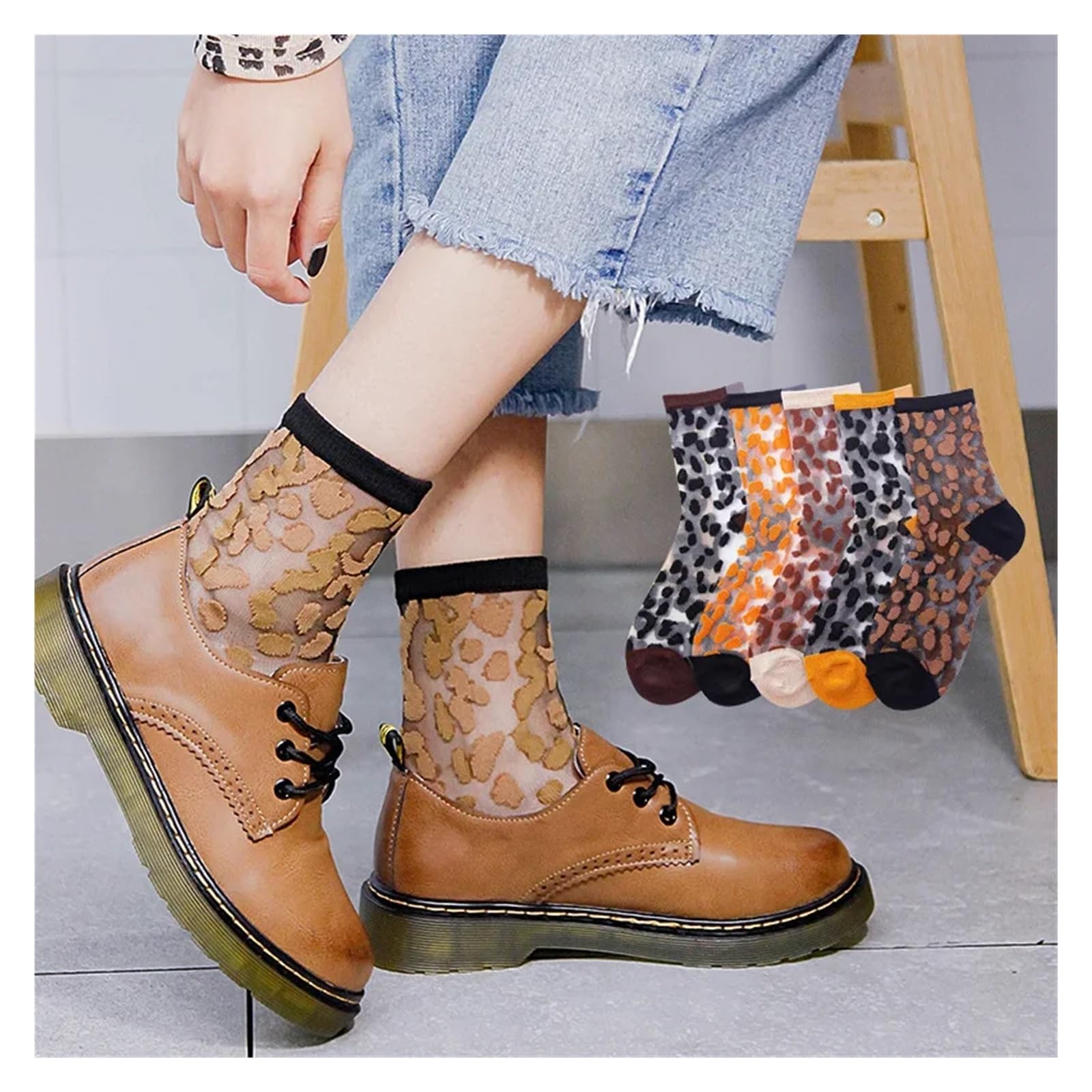 Medias Cortas Mujer 3 pares de calcetines transparentes primavera y verano for mujer, con estampado leopardo, informales transpirables