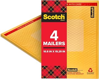 Scotch Plastic Bubble Mailer, 10.5 in x 15.25 in, Size 5, Yellow, 4-Pack