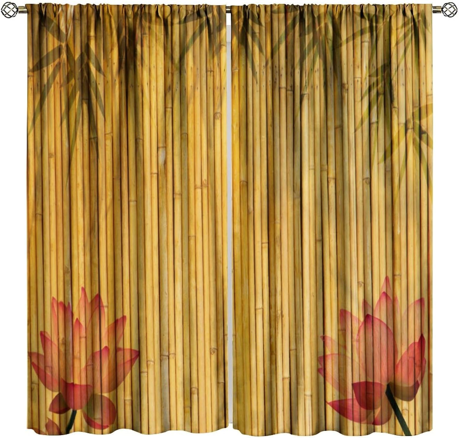 Vintage Bamboo Curtains, Exotic Orient Ethnic Asian Elegant Minimal Zen Lotus Floral Pattern Home Decor Window Treatments, Blackout Rod Pocket Drapes for Livingroom Bedroom Bathroom Kitchen 42x45in