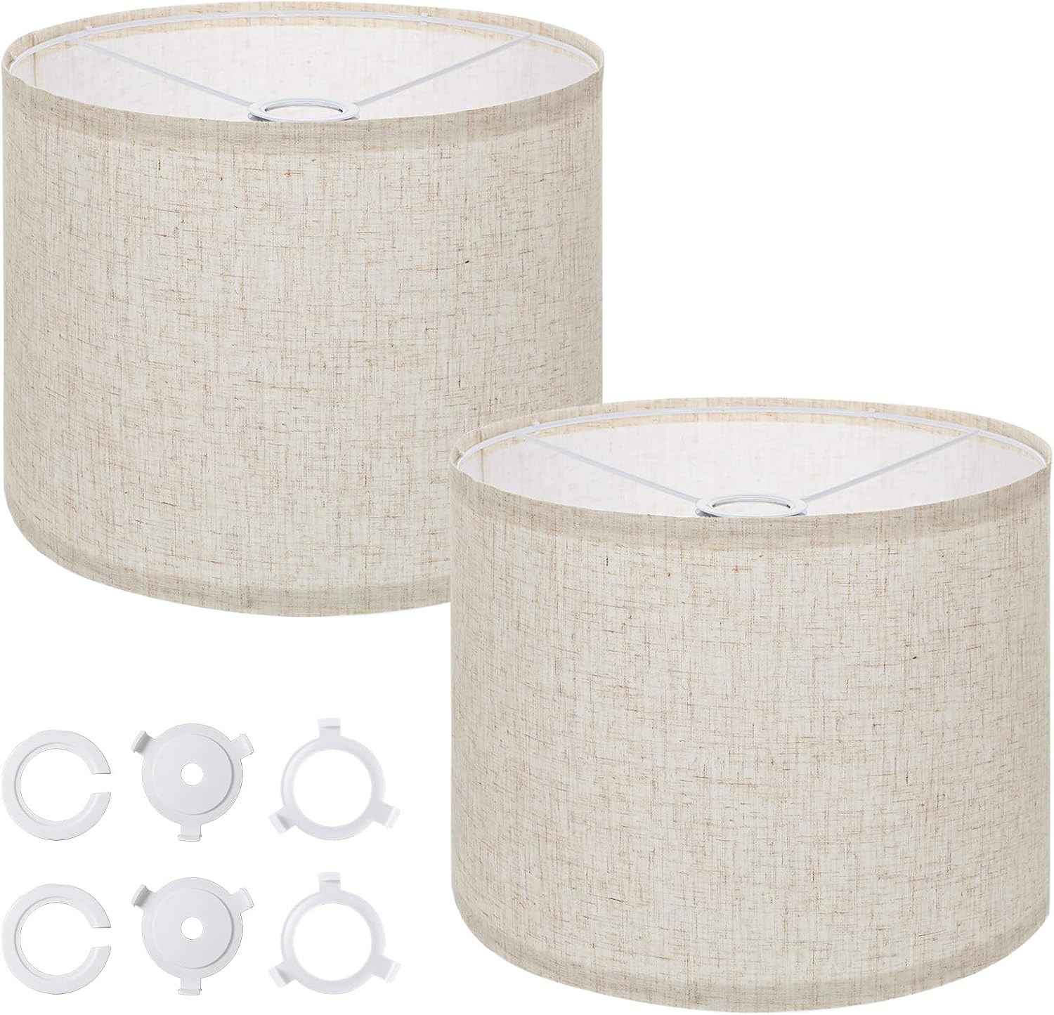2 Pack Large Drum Lampshade – 13" x 13" x 10" Beige Linen Lamp Shades for Table & Floor Lamps – Easy Assembly Spider Fitter Replacement Shade Set