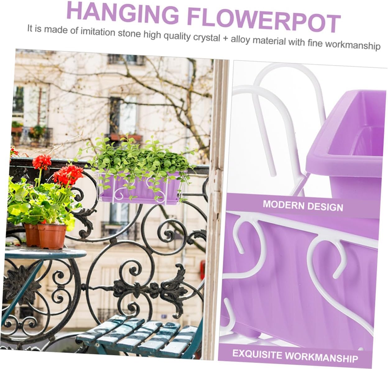 Rectangular Hanging Flower Planter with Tray, Medium Purple Resin Vegetable Pot for Windowsill Balcony Garden Indoor Use