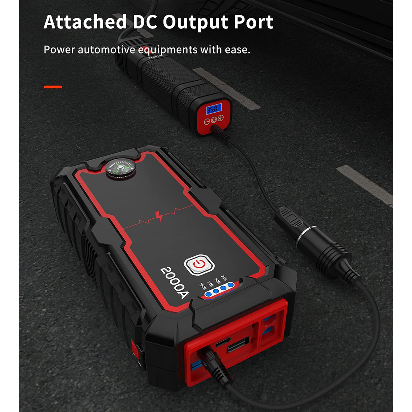 2000A Jump Starter Power Bank 12V Energía Inteligente Pantalla Digital Cargador Portátil Dispositivo de Arranque para Batería de Repuesto de Coche de Emergencia 6.0L / 4.0L,22000mAh