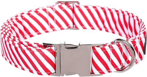 Lionet Paws Collar de perro de Chirstmas, cómodo y ajustable, lindo collar de rayas rojas y blancas con hebilla de metal para cachorros y gatos,