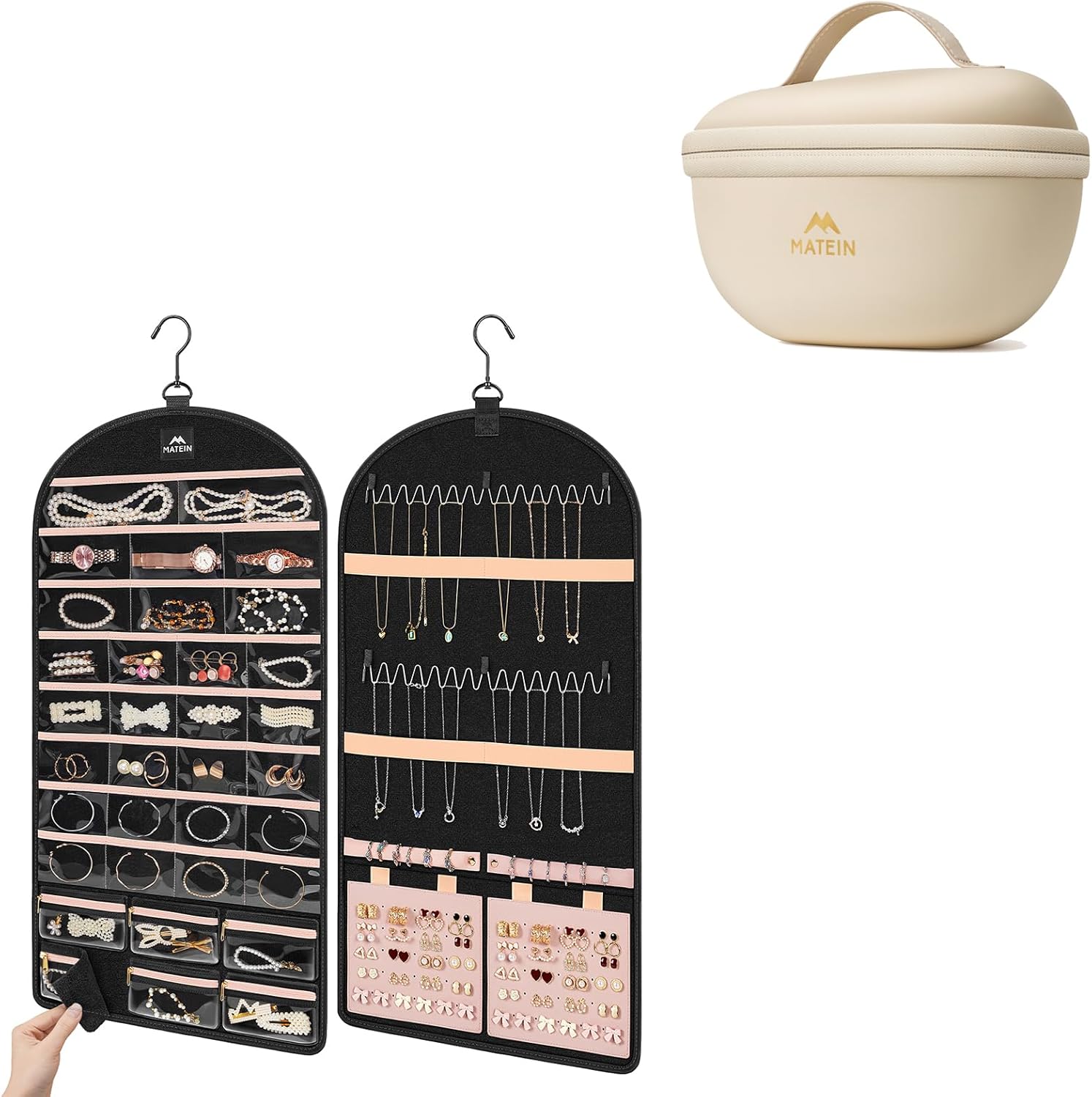 MATEIN Hanging Jewelry Organizer with Detachable Travel Zipper Pouch, Pebble Style Jewelry Box Organizer with Mirror, Tangle-Free Necklace Holder Earring Ring Bag with GPS Tracker Pocket