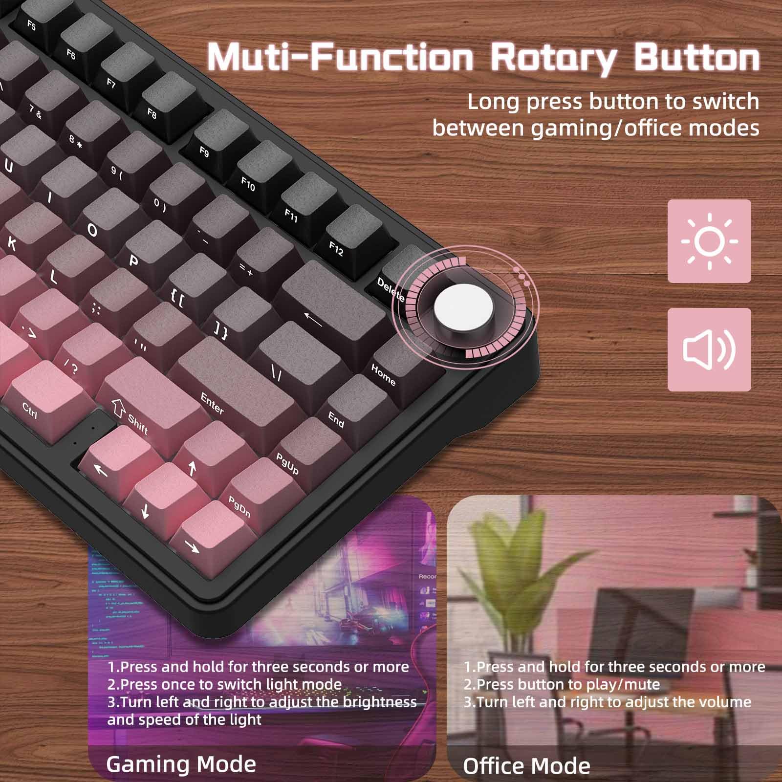 ATTACK SHARK X85 Teclado mecánico de Junta con Perilla, 75% (BT5.0/2.4G/USB-C) Teclado inalámbrico para Juegos y Acolchado de Cinco Capas, RGB, 5000 mAh, Teclas PBT con impresión Lateral (Rosa)