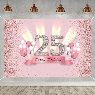 25th Birthday Decorations for Women Happy 25th Birthday Backdrop Banner Party Deco Woman 25 Years Old Anniversary Party Fabric Sign Poster Pink Photo Background 25th Birthday Party Supplies, 59