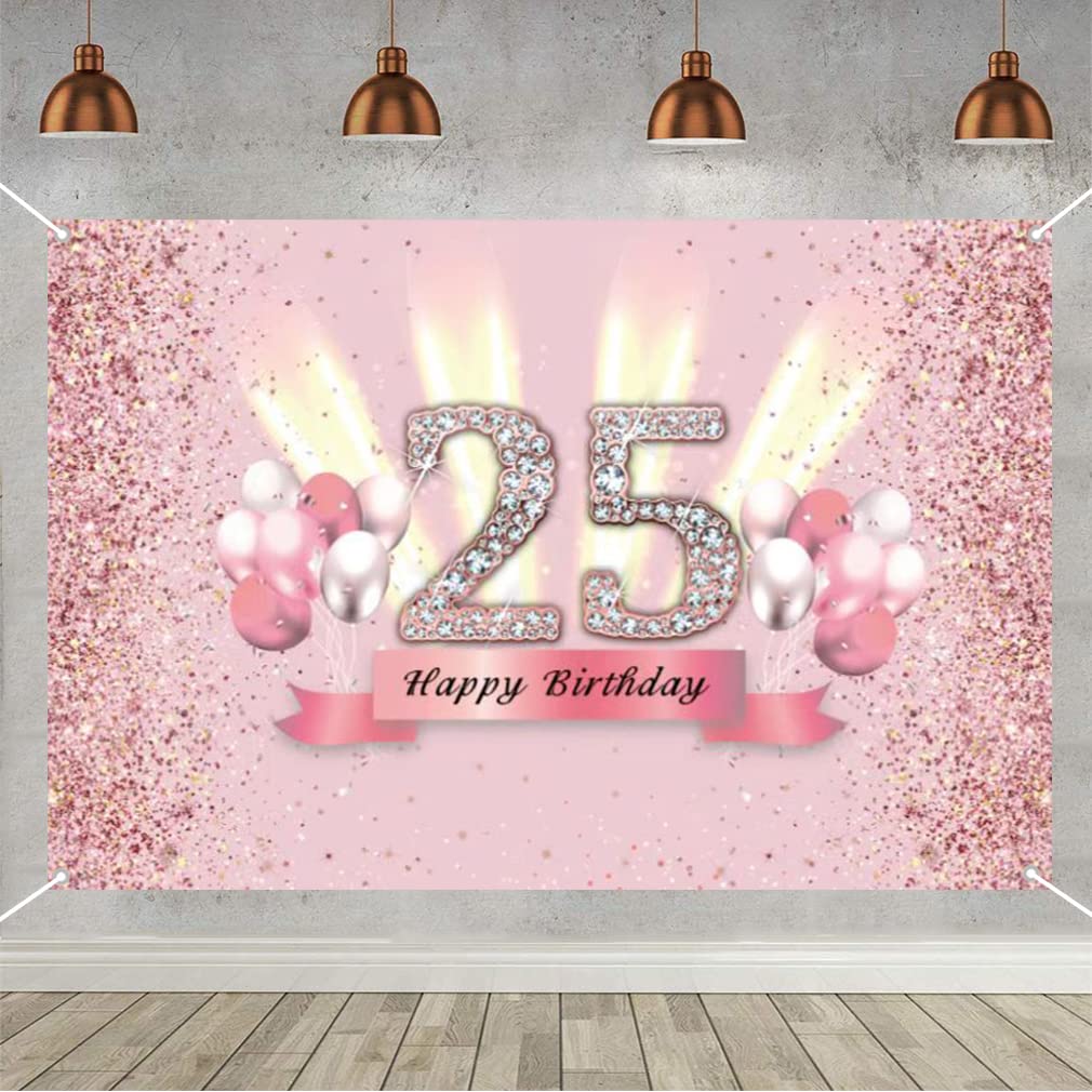 25th Birthday Decorations for Women 25 Years Old Anniversary Party Fabric Sign Poster Pink Photo Background 25th Birthday Party Supplies, 59"x35.4"