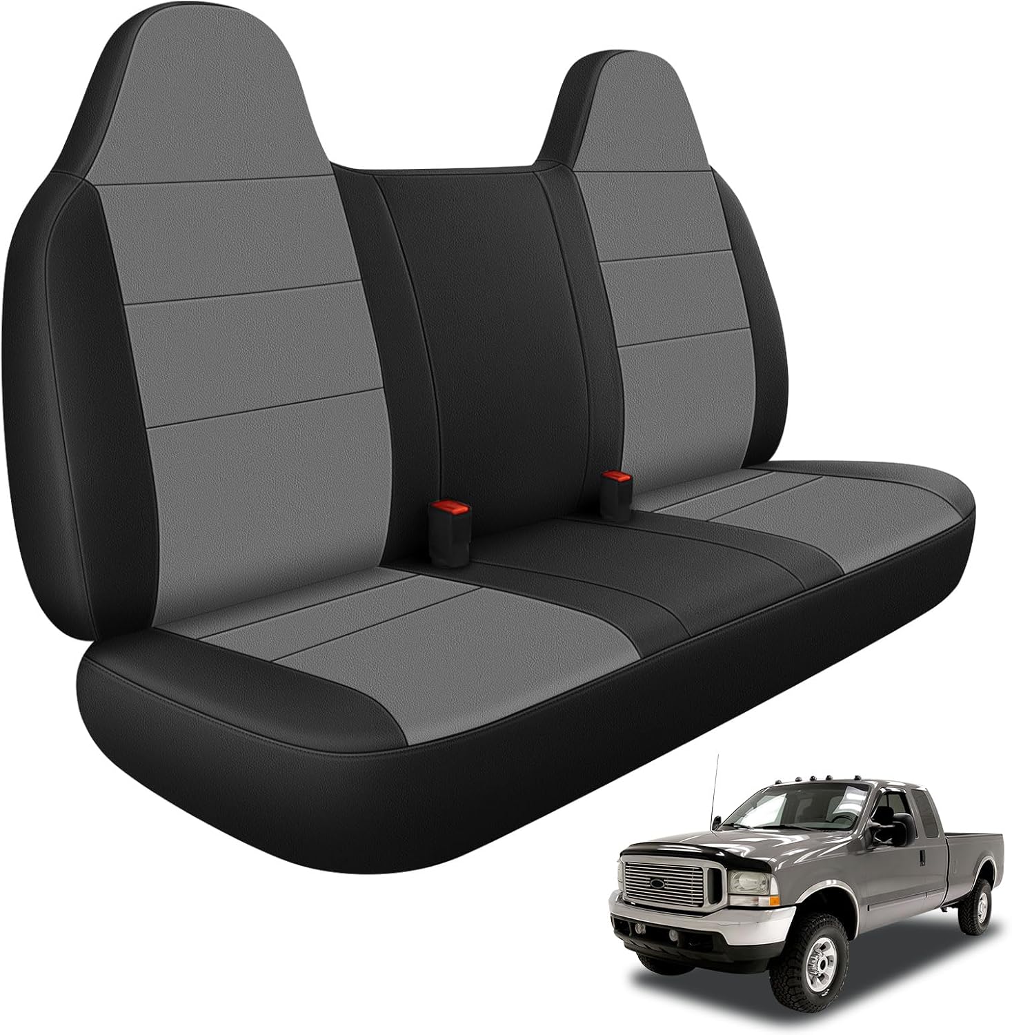 Front Bench Seat Cover Compatible with 1995-2010 Ford F-250/F350/F450, Leather & Foam Padded Water Resistant Seat Cover, Black and Gray