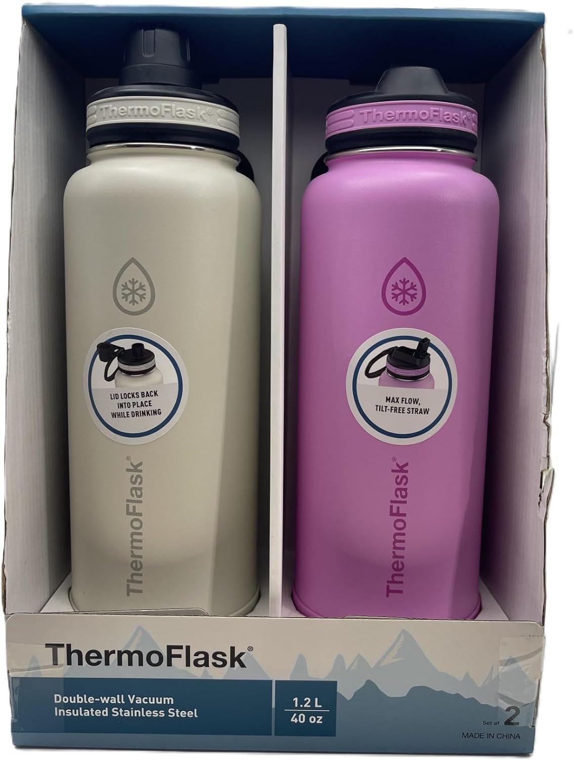 ThermoFlask 2-Pack of Water Bottles (Cream/Pink, 40 oz)