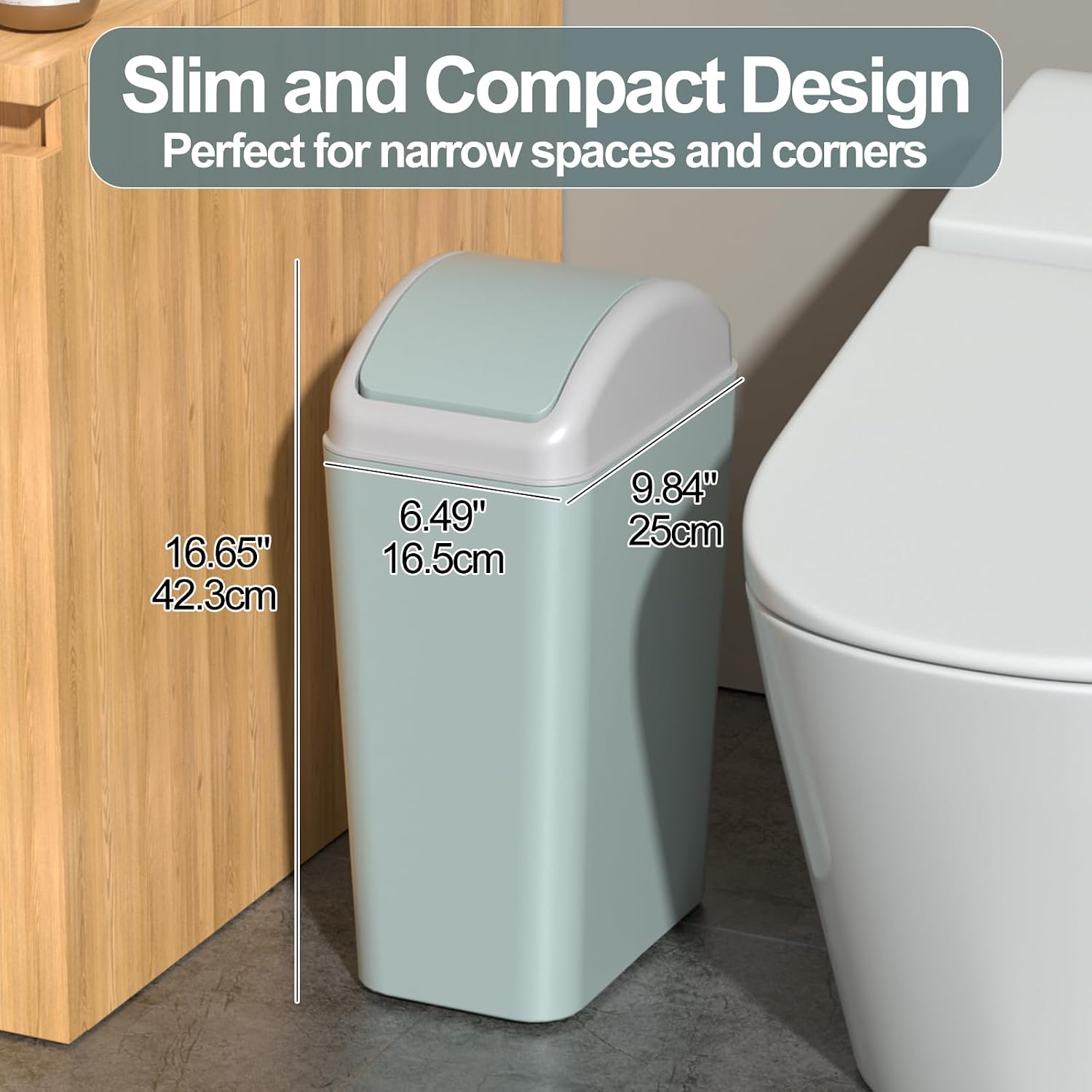 3.5 Gallon Plastic Trash Can with Swing Lid, Slim Wastebasket | Trash Bins for Bathroom, Bedroom