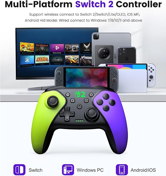 Wireless Pro Controller für Switch 2/Switch 1/Lite/OLED/Android/IOS/PC, Gamepad mit Programmierbar/6-Achsen Gyroskop/Dual Vibration/Turbo/1000mAh Akku, Ergonomisch Gestalteter Präzise Joystick - 2