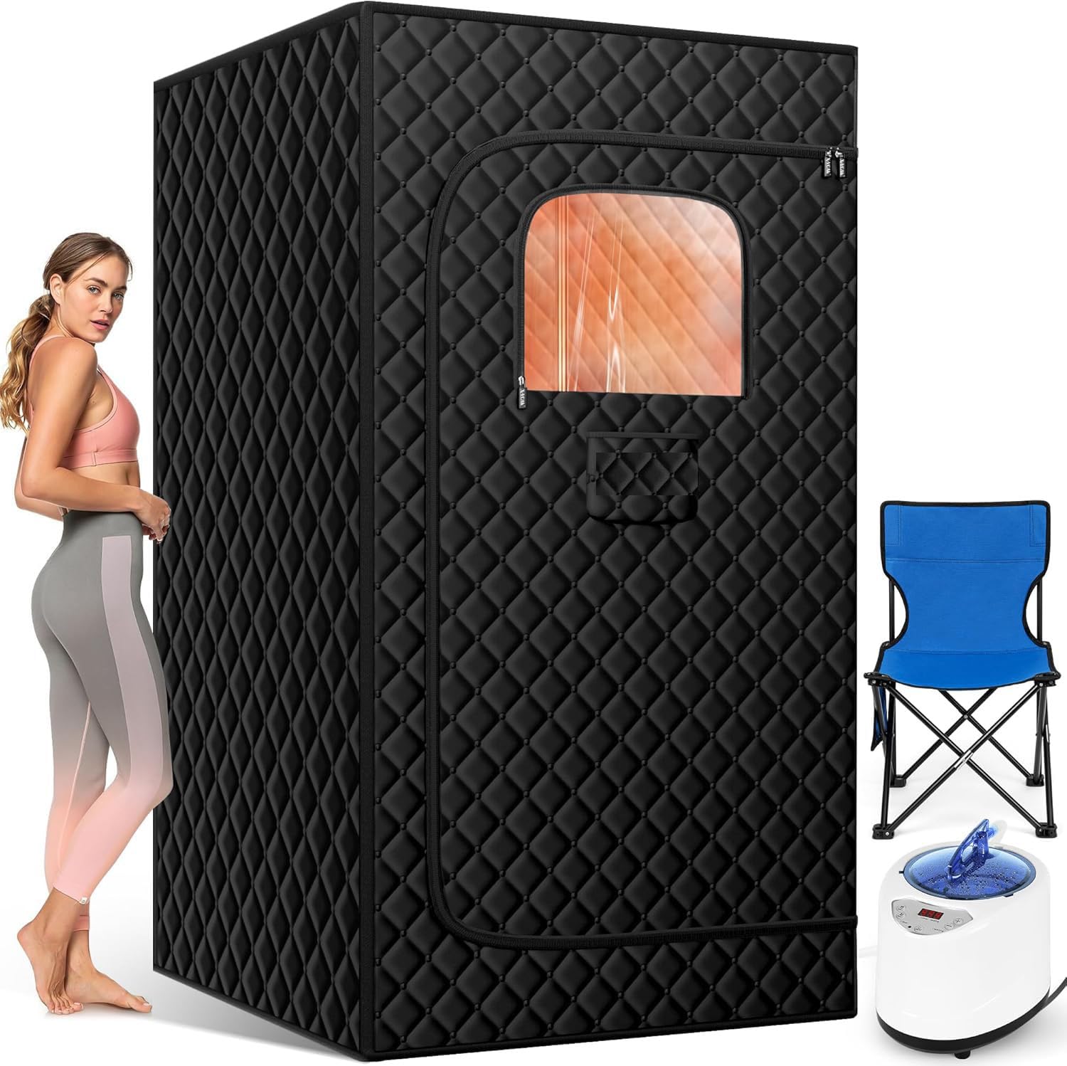 Sauna Tent for Home Infrared Sauna Box for Relaxation Detoxification, Portable Steam Sauna Room with Steamer, Remote Control, Folding Chair, 9 Levels (Black)
