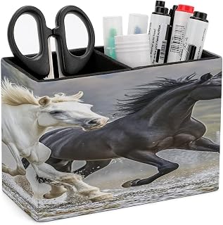 Black And White Horses Running Pen Holders for Desk Small Remote Control Holder Leather Pencil Cup with Double Compartments Desktop Organizer for Table Desk Office Space Saving