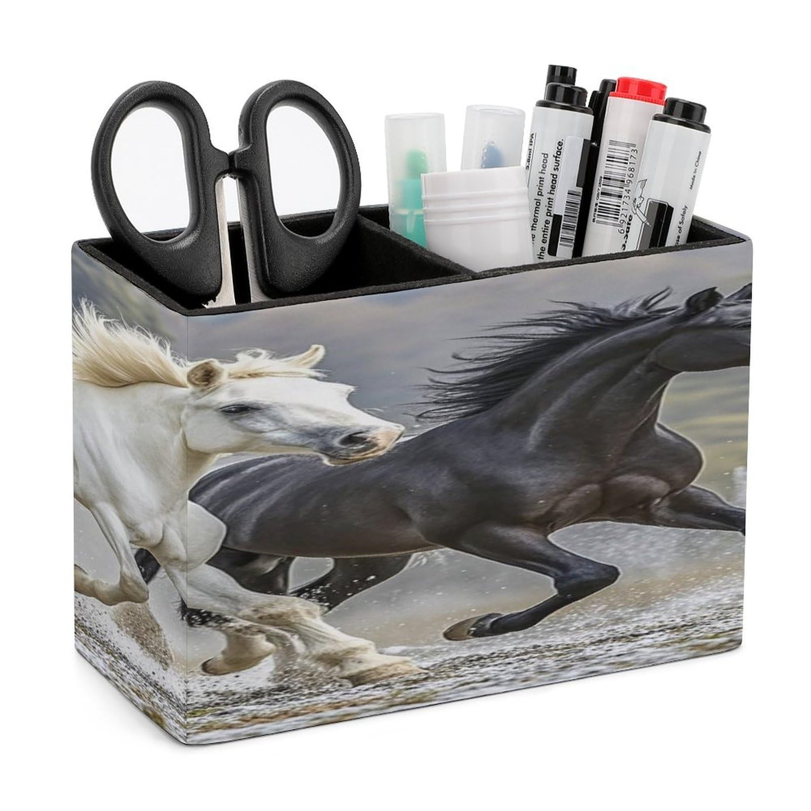 FekiLoot Black And White Horses Running Pen Holders for Desk Small Remote Control Holder Leather Pencil Cup with Double Compartments Desktop Organizer for Table Desk Office Space Saving