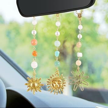 3 Pack Sun Rear View Mirror Hanging Accessories, Hanging Sun Charm with Healing Crystal, Boho Car Charms, Healing Mirror Decor Cute Accessories for Women Retro