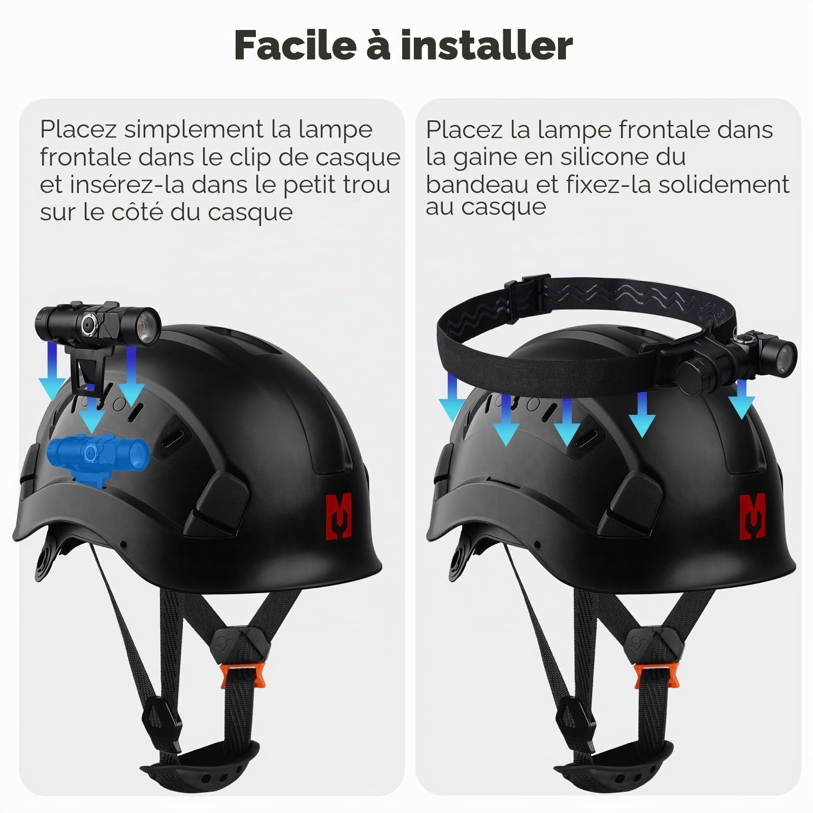 EN397 Casque de sécurité avec lampe frontale, lampe de poche, casque de sécurité avec mentonnière réglable 53-63 cm pour construction, sylviculture, industrie