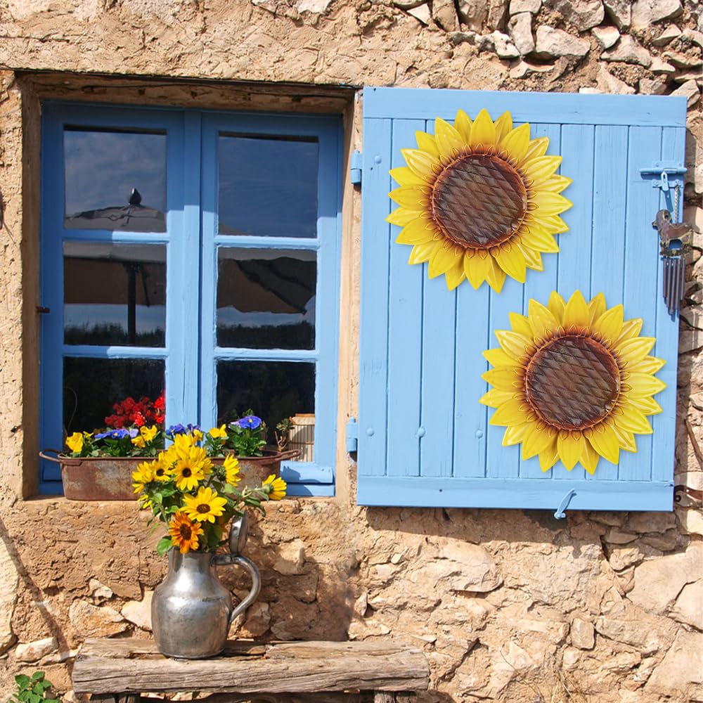 Lot De 2 Tournesols En Métal Déco Murale - 30x15 Cm - Jaune Vif - Pour Intérieur Et Extérieur (jardin, Salon, Terrasse) - 12