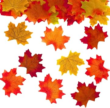 Autumn Leaves Decorations, 100 Fake Maple Leaves for Crafts & Table Decor | Artificial Fabric Foliage, Faux Autumnal Scatter, Thanksgiving & Harvest Festival, Kids Classroom & Sensory Resources