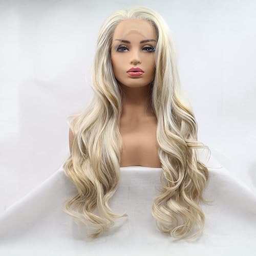 Miniatura 2 de Xiweiya Pelucas largas onduladas de cuerpo mixto, rubio dorado, peluca de encaje frontal, peluca de cabello sintético ondulado natural resistente al
