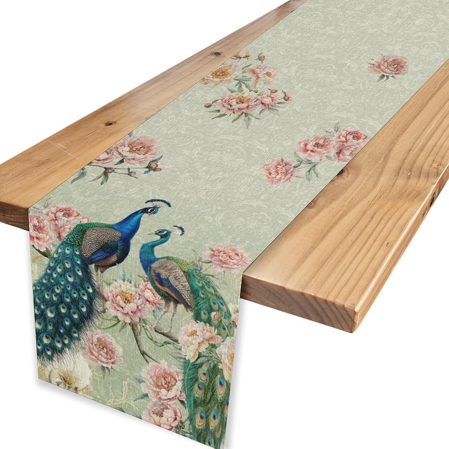 Peacock Table Runner, Vintage Luxury Peony Floral Green Baroque Spring Flower Bird Chinoiserie Table Runner for Coffee Table Home Party Kitchen Dining Table Wedding Party Decor, 13x36 inches image 2
