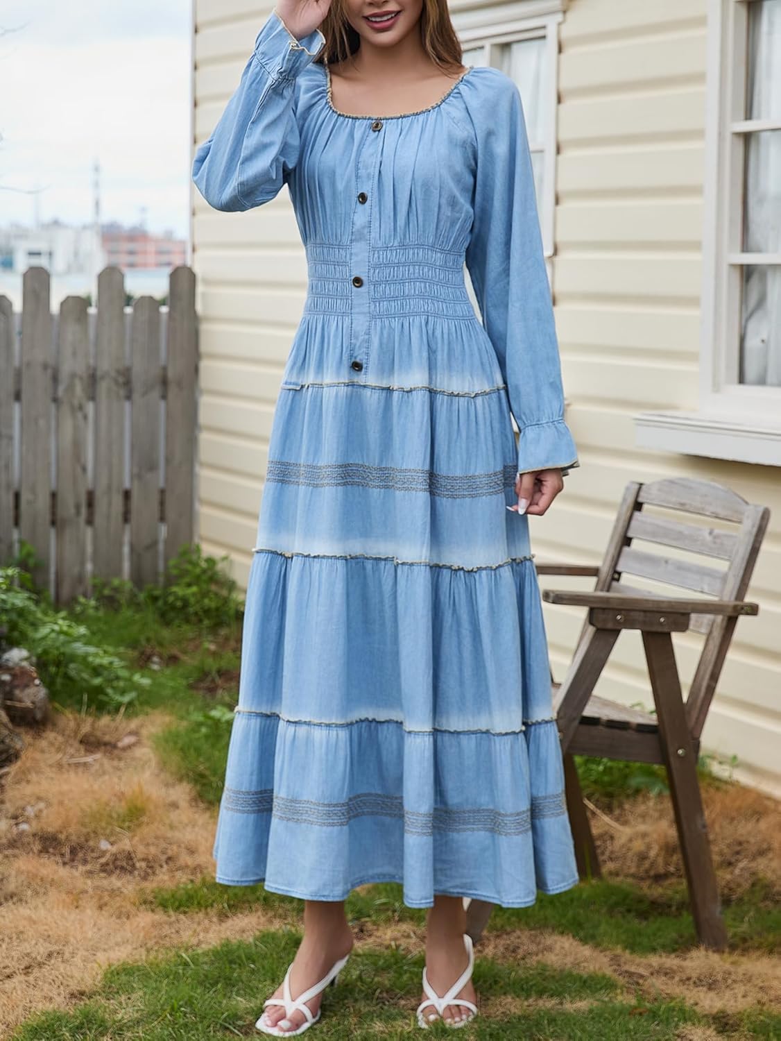 DREFBUFY Women's Elegant Scoop Neck Ruffle Puff Long Sleeve Denim Elastic Waist A-line Cotton Flowy Long Maxi Dress - Image 5