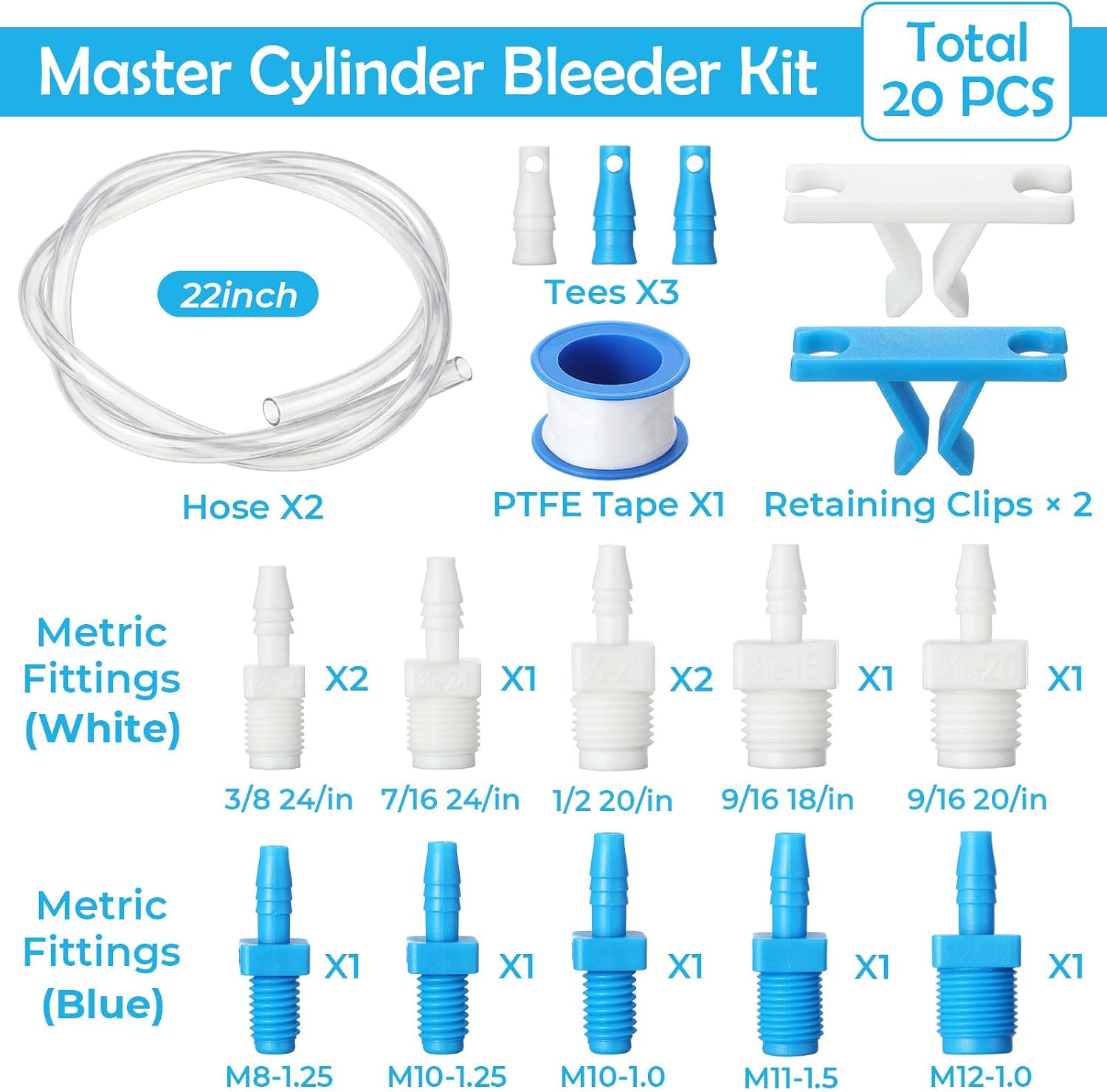 Outus 20 Pcs Master Cylinder Bleeder Kit Compatible with 14151, Brake Bleeding Kit with 22" Clear Hose, Clip, PTFE Tape, SAE and Metric Fittings Universal, Brake Cylinder Master Bleeder